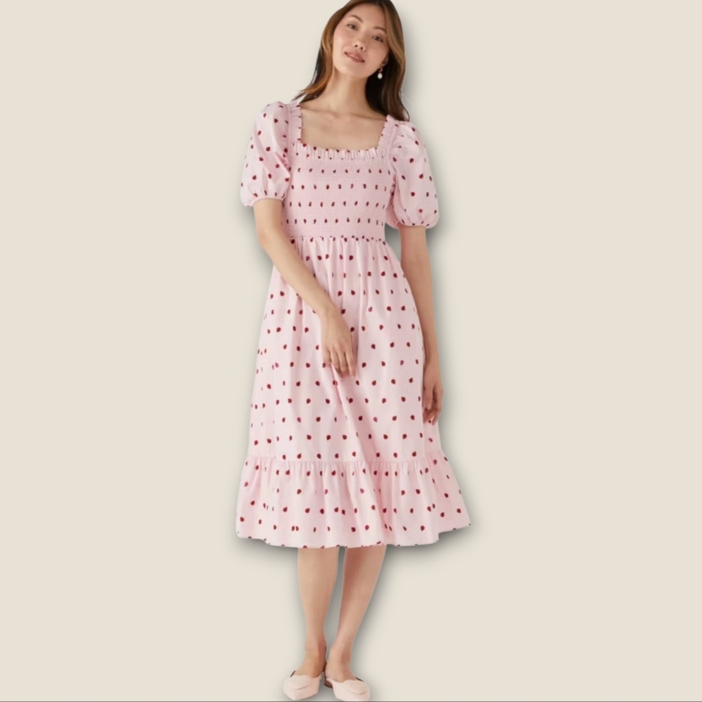 NWT KATE SPADE NY Ladybug Print Smocked Puff Sleeve Ruffle Detail Midi Dress XL